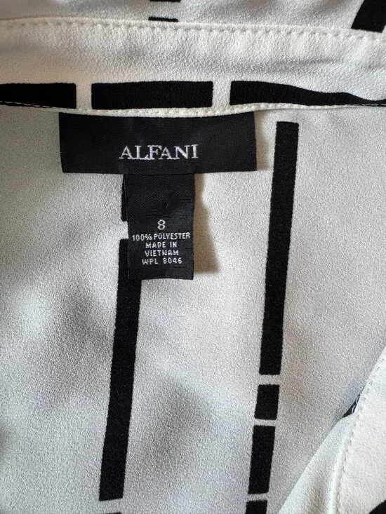 Alfani Button Up Short Sleeved Flowy Blouse Black and White size 8 - Picture 3 of 5